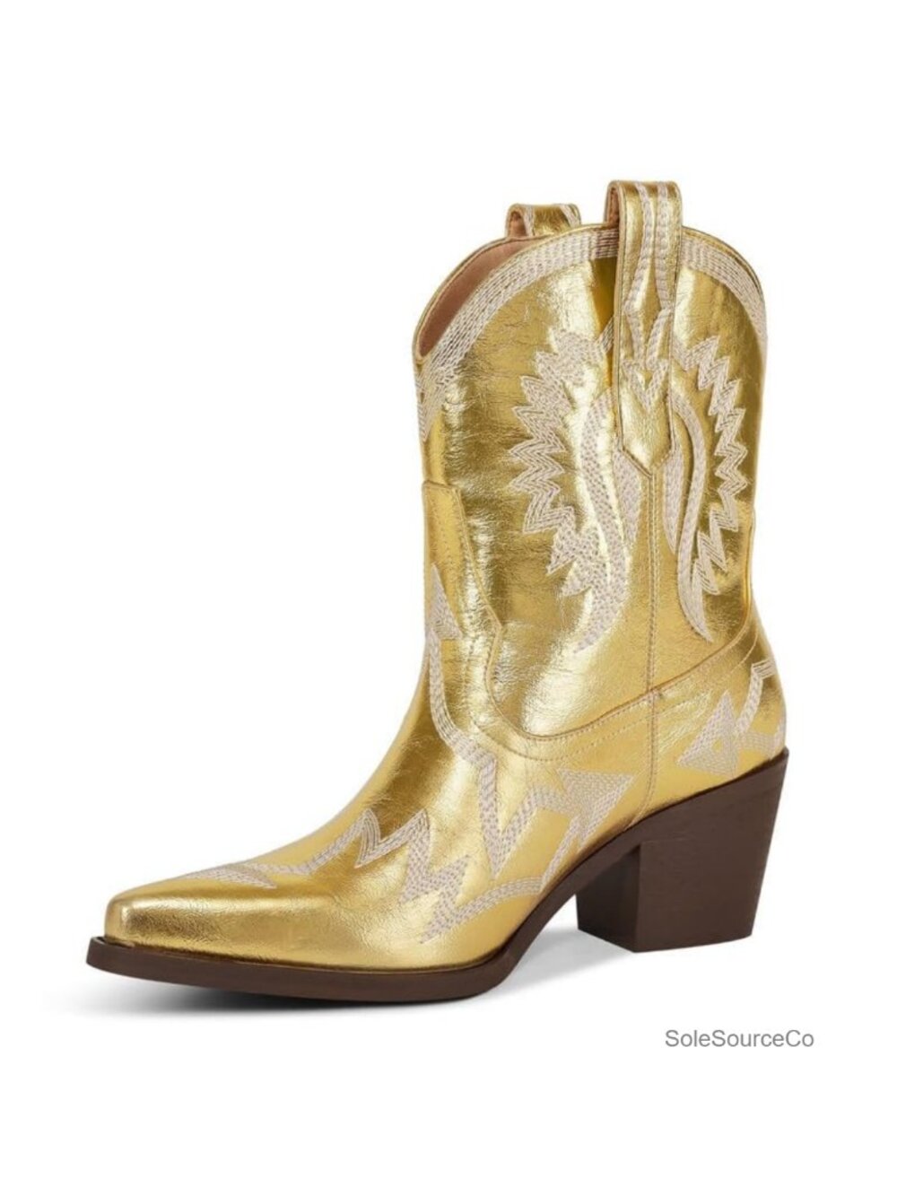 Western Ankle Cowboy Boots Chunky Pointed Toe Wide Calf Metallic PU